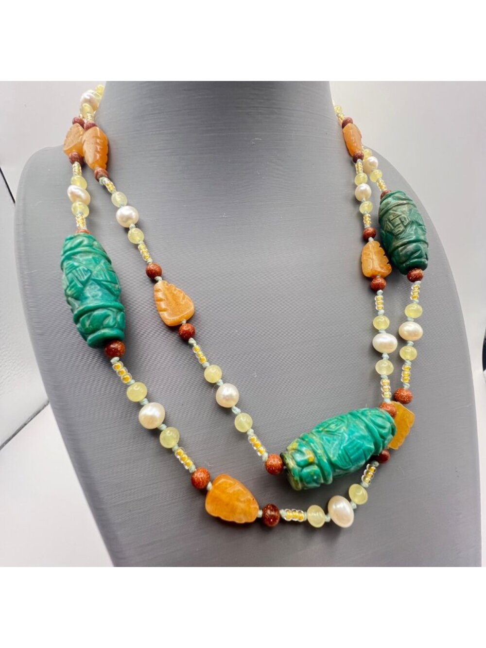 Chinese Beggar Beads Carved Hardstone Pearl 34" Long Artisan Necklace